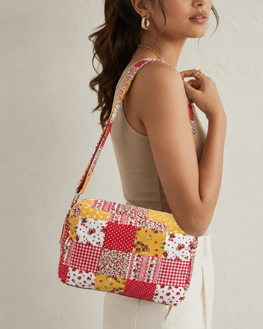 Pink & Yellow Patchwork Sling Bag | Canvas Crossbody Bag | Everyday Sling Bag