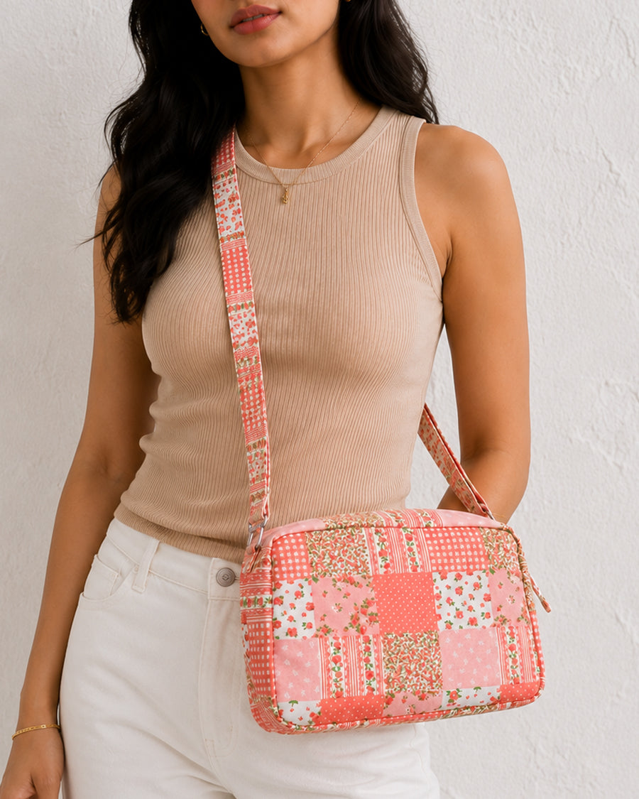 Peach Patchwork Sling Bag | Canvas Crossbody Bag | Everyday Stylish Sling for Women