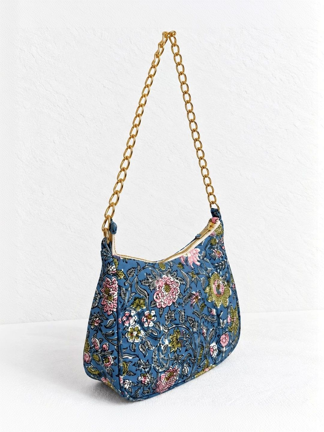 Floral Quilted Half Moon Bag – Blue block print shoulder bag