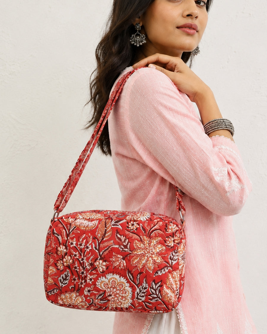 Red Hand Block Print Sling Bag | Canvas Crossbody Bag | Everyday Bag For Women