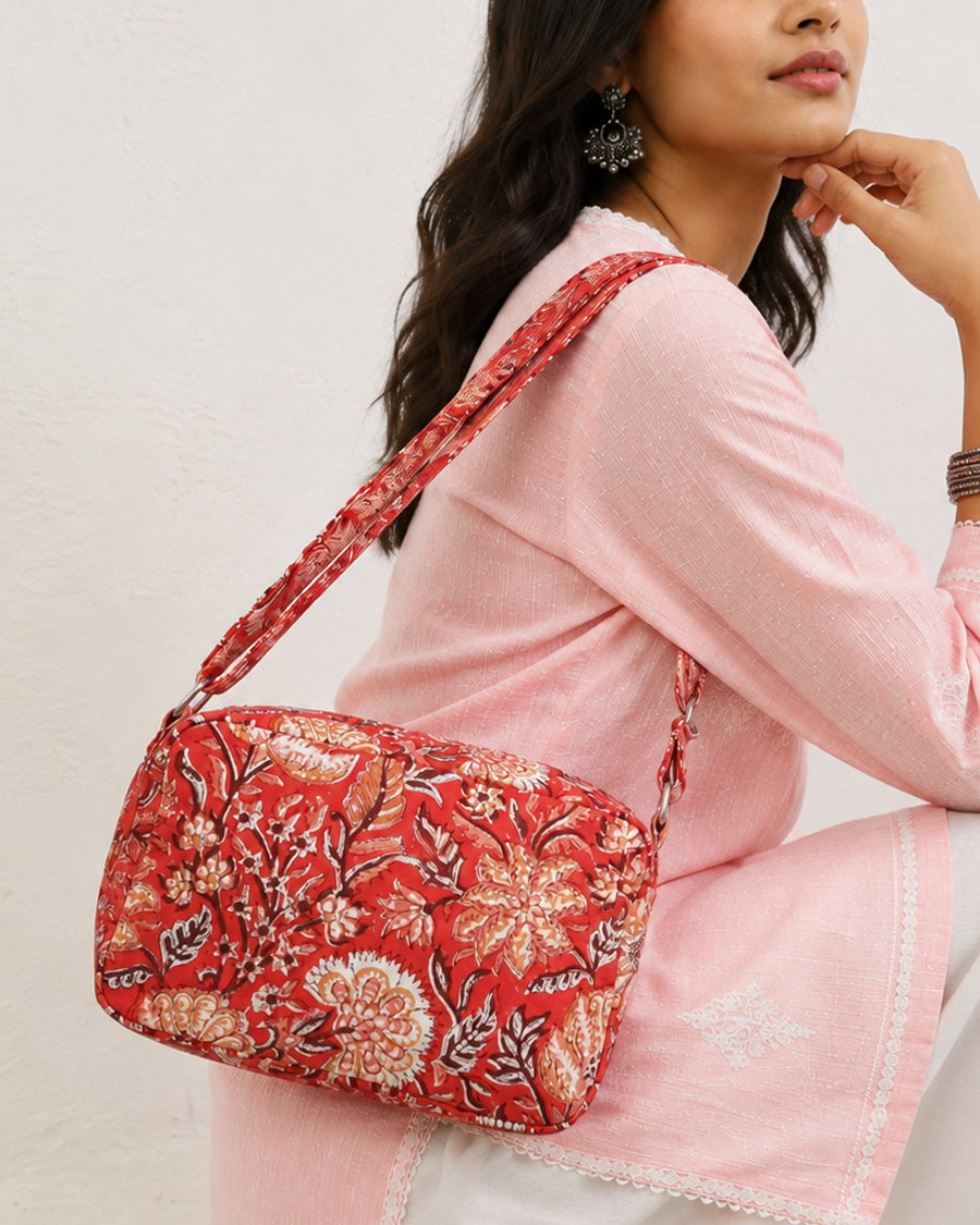 Red Hand Block Print Sling Bag | Canvas Crossbody Bag | Everyday Bag For Women