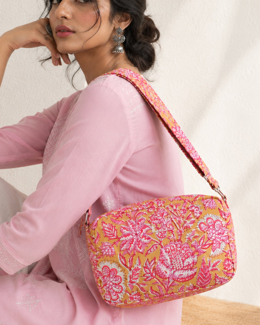 Yellow & Pink Floral Hand Block Print Sling Bag | Canvas Crossbody Bag | Everyday Sling Bag For Women