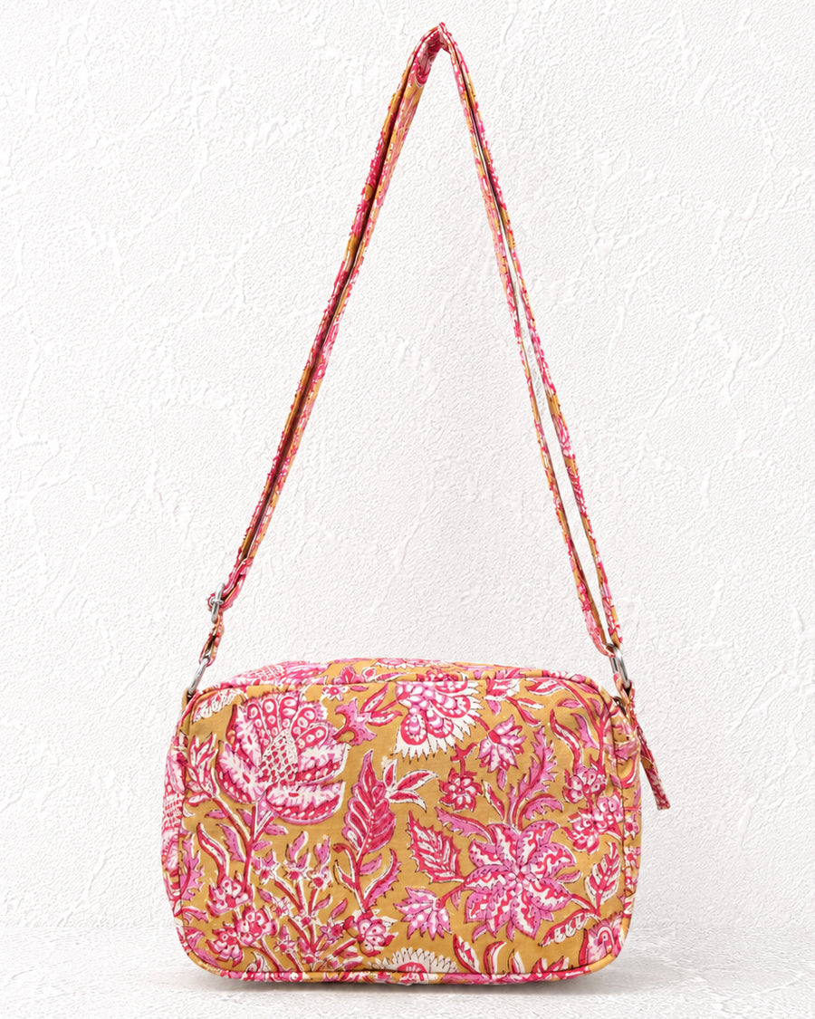 Yellow & Pink Floral Hand Block Print Sling Bag | Canvas Crossbody Bag | Everyday Sling Bag For Women