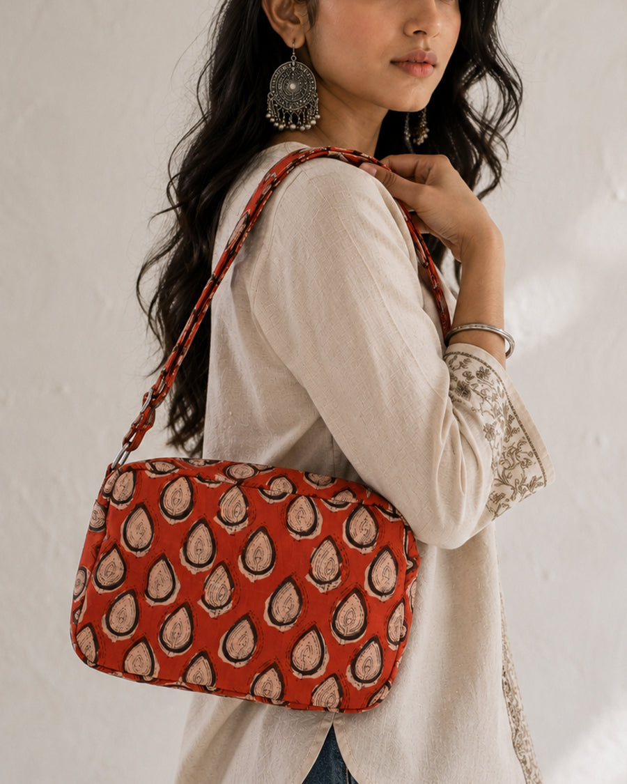 Maroon Leaf Block Print Sling Bag Bag | Canvas Crossbody Bag | Casual Travel Bag