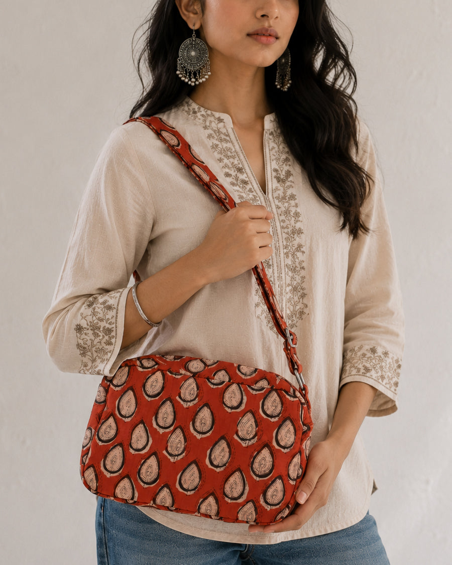 Maroon Leaf Block Print Sling Bag Bag | Canvas Crossbody Bag | Casual Travel Bag