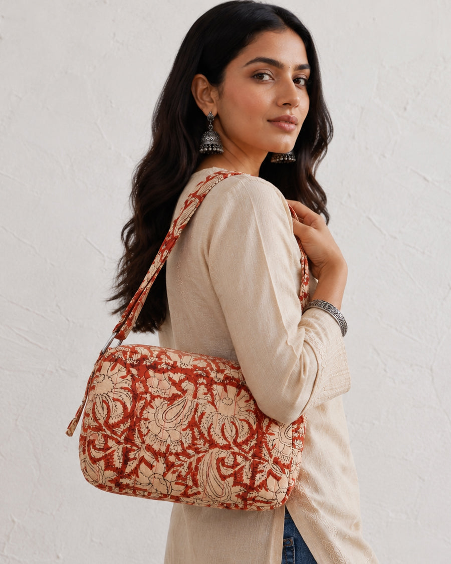 Red Jaal Block Print Sling Bag | Quilted Crossbody Bag | Cotton Bag For Travel