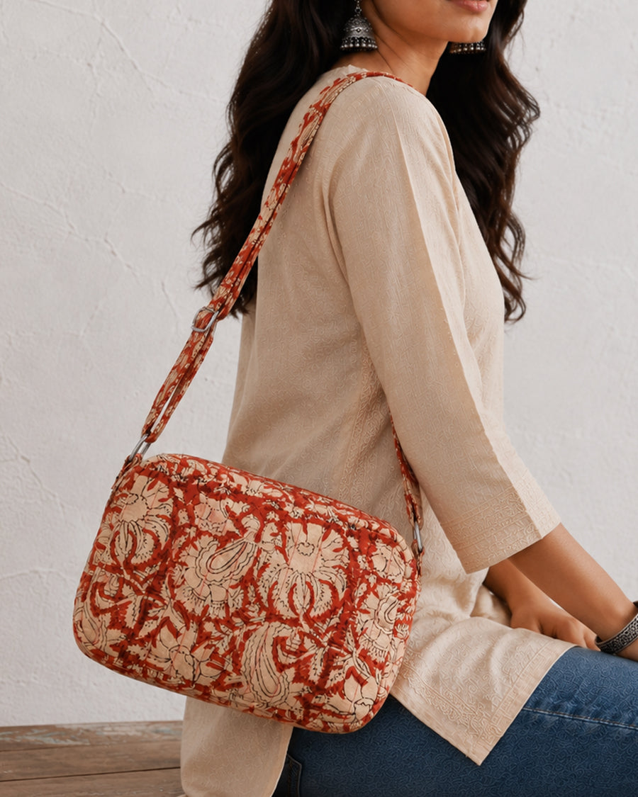 Red Jaal Block Print Sling Bag | Quilted Crossbody Bag | Cotton Bag For Travel