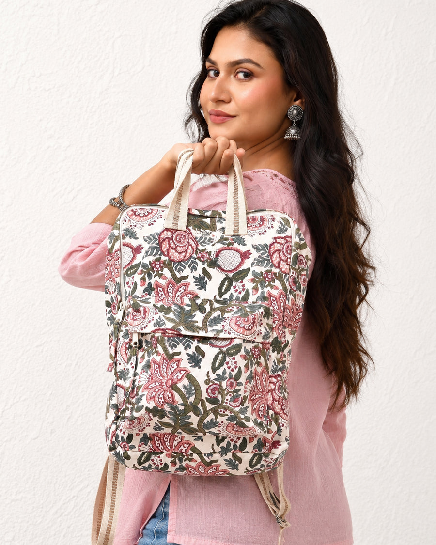 White Floral Block Print Backpack | Canvas Medium Backpack For Women | Stylish Everyday Backpack