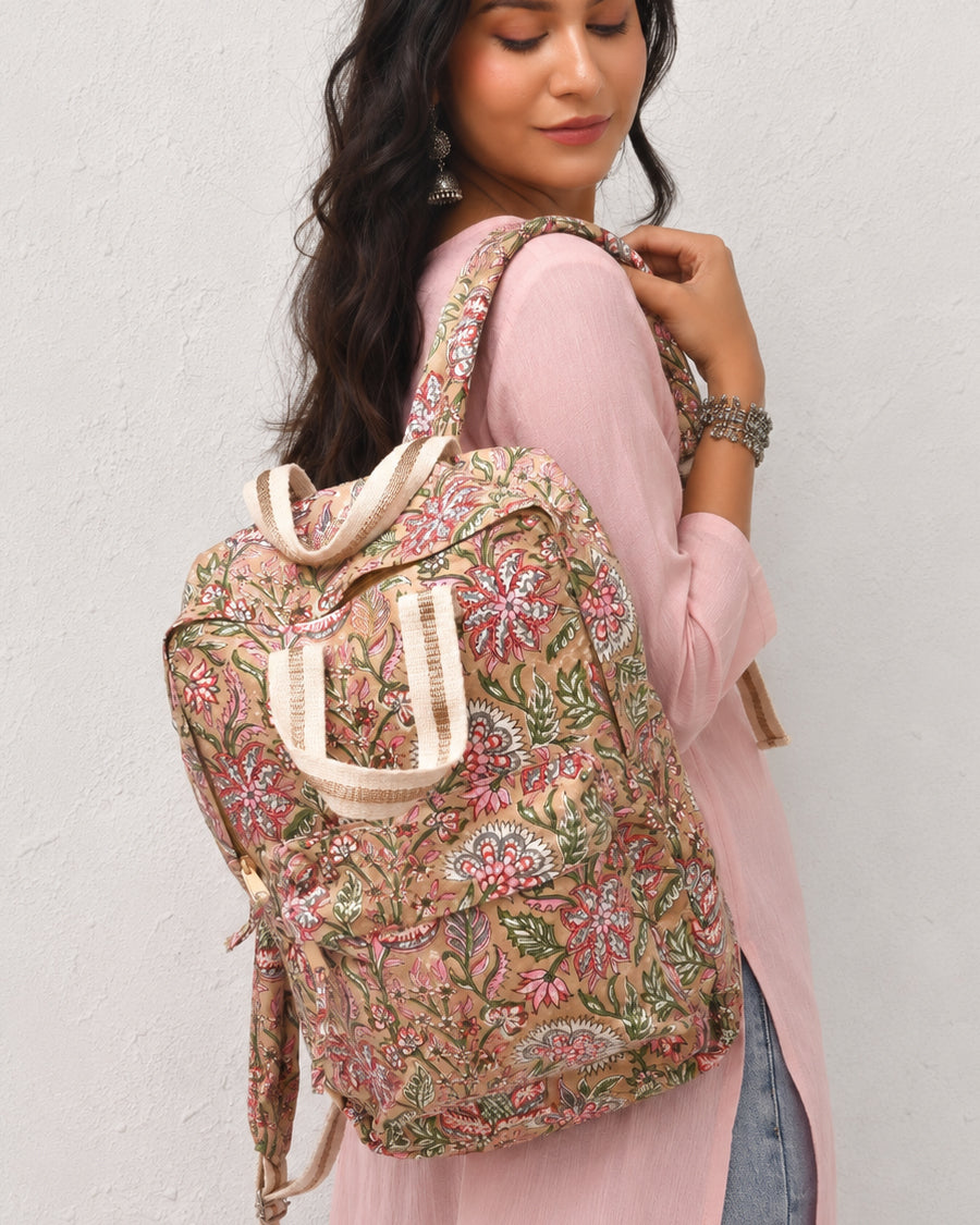 Beige Floral Hand Block Print Backpack | Canvas Travel Backpack | College & Office Bag