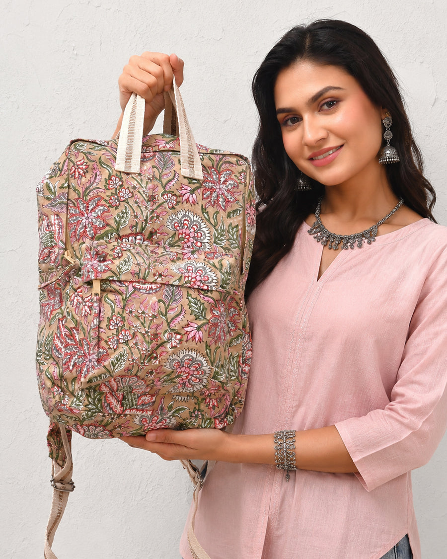 Beige Floral Hand Block Print Backpack | Canvas Travel Backpack | College & Office Bag