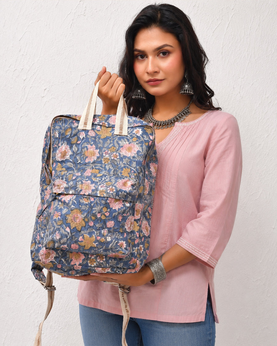 Pretty in Blue Hand Block Print Backpack | Canvas Backpack For Women | Lightweight Everyday Backpack