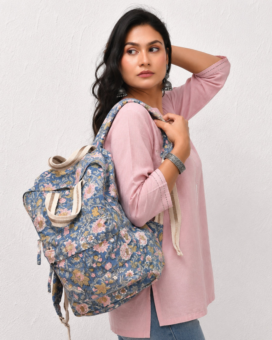 Pretty in Blue Hand Block Print Backpack | Canvas Backpack For Women | Lightweight Everyday Backpack