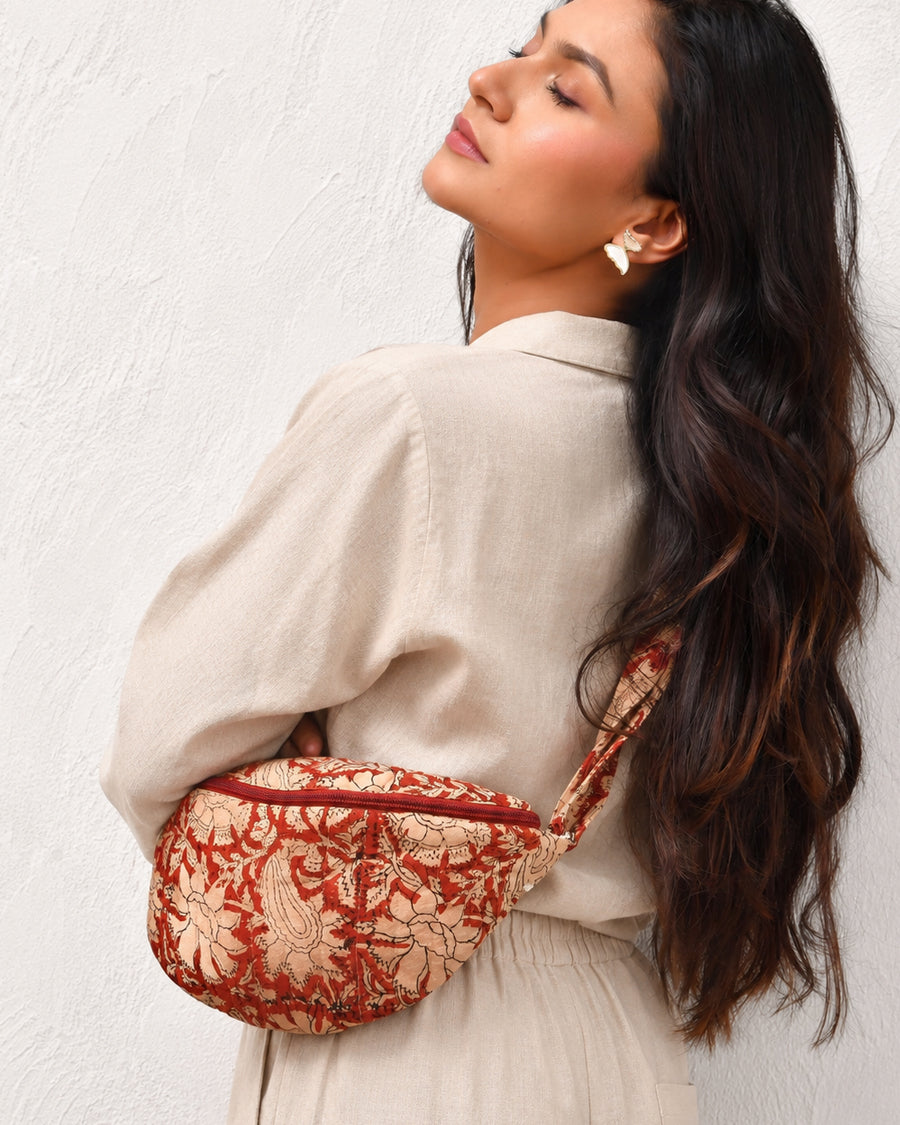 Red Jaal Block Print Banana Bag | Quilted Sling Bag For Women | Cotton Crossbody Bag
