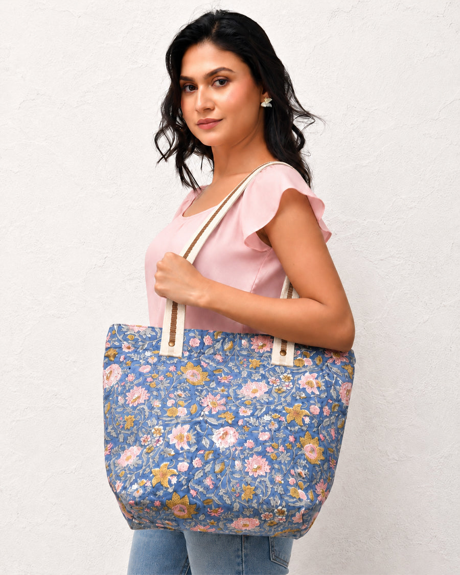 Pretty in Blue Hand Block Print Bag | Canvas Handbag | Everyday Shoulder Tote