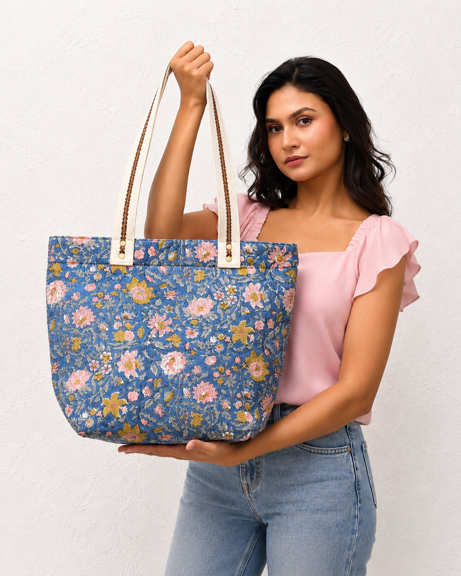Pretty in Blue Hand Block Print Bag | Canvas Handbag | Everyday Shoulder Tote