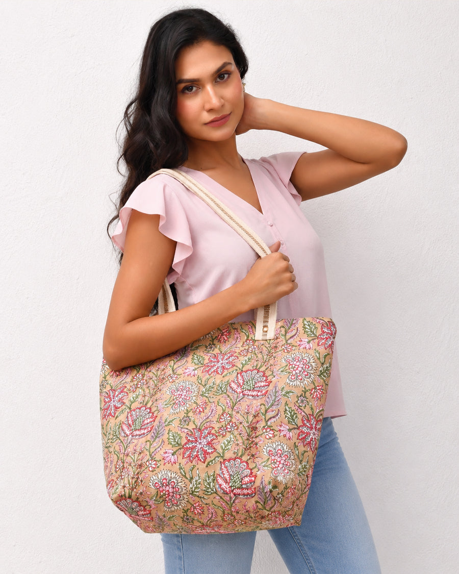 Beige Floral Hand Block Print Handbag | Office Handbag For Women | Everyday Shoulder Bag