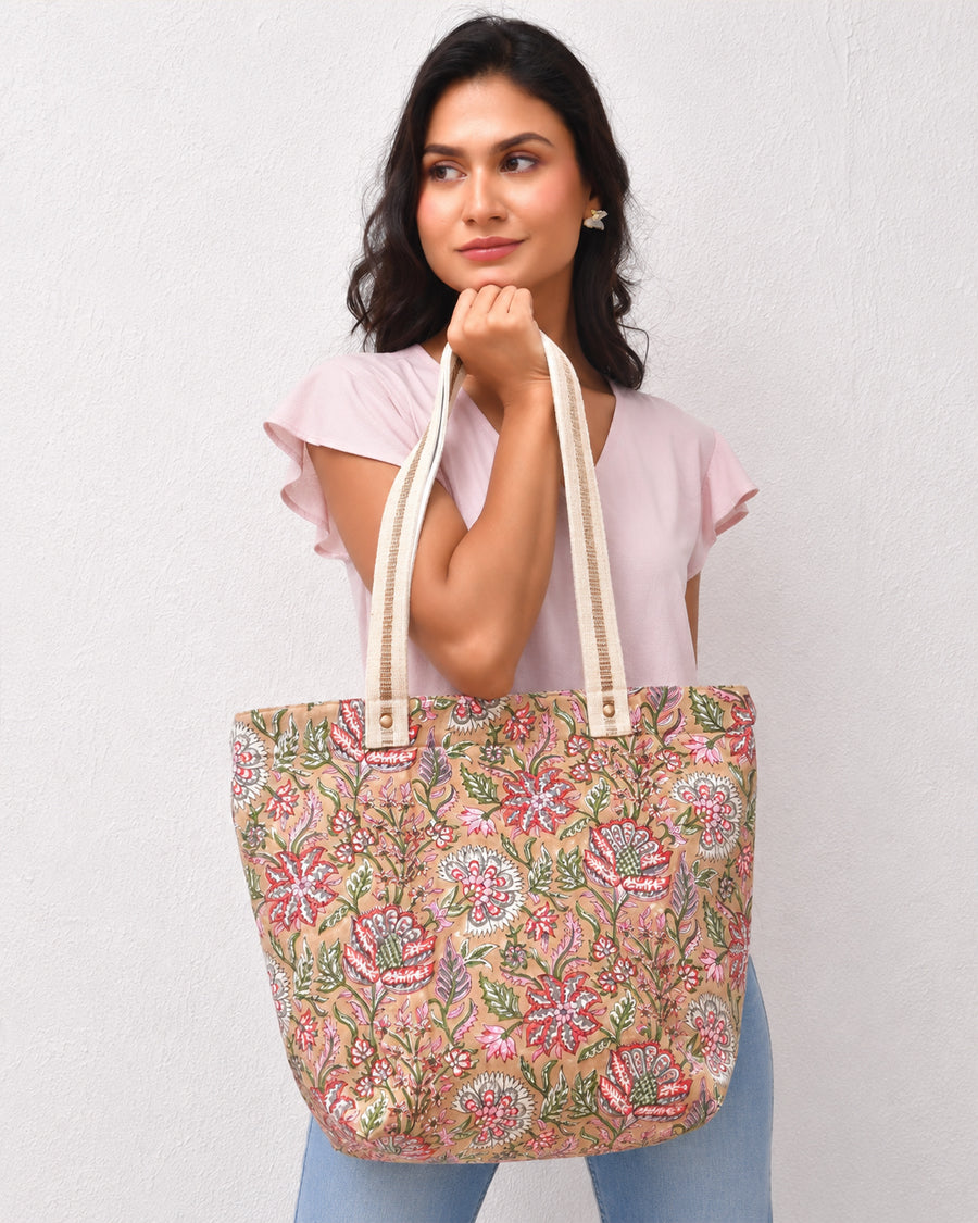 Beige Floral Hand Block Print Handbag | Office Handbag For Women | Everyday Shoulder Bag