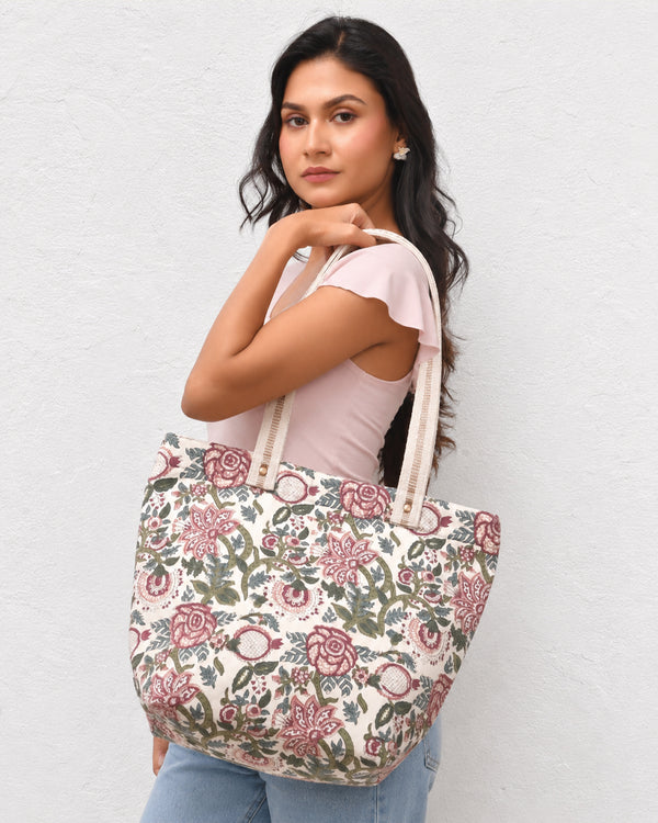White Floral Block Print Handbag
