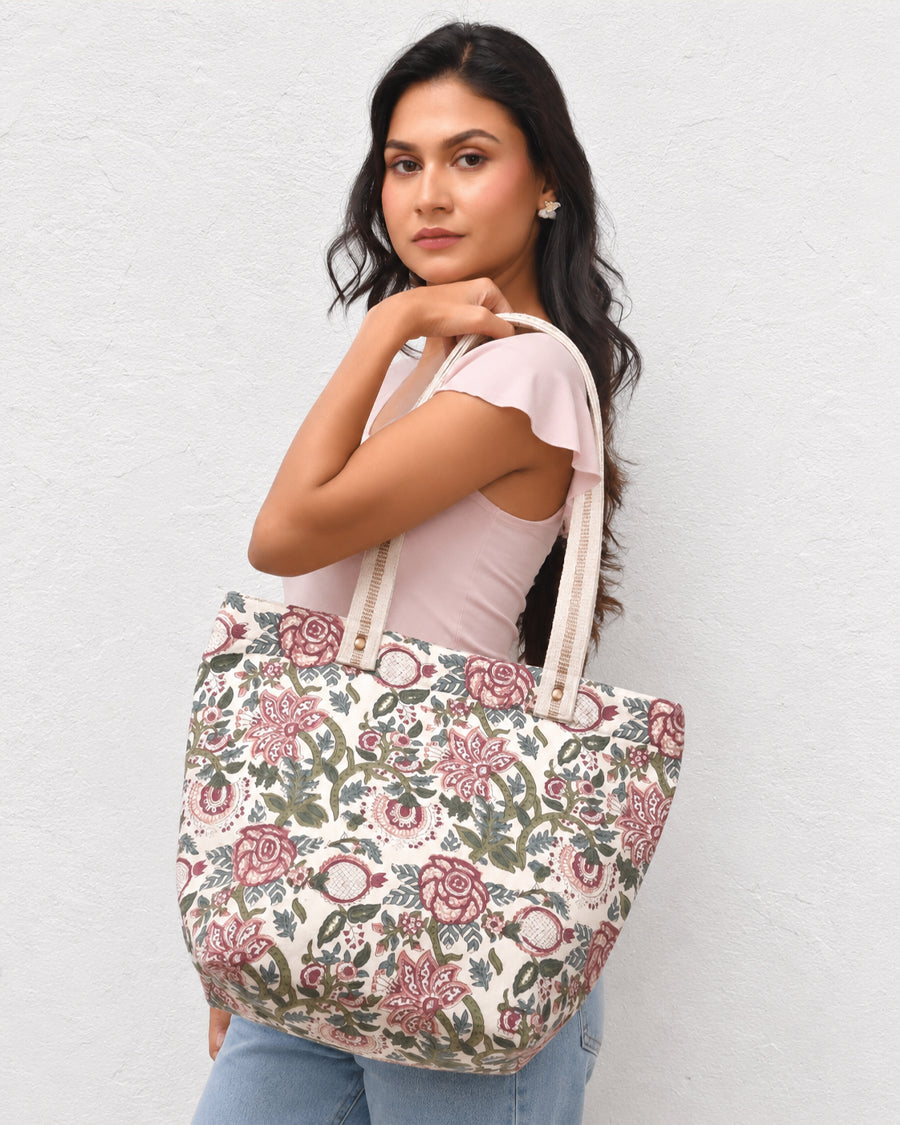 White Floral Hand Block Print Handbag | Shoulder Bag For Women | Travel & Office Bag