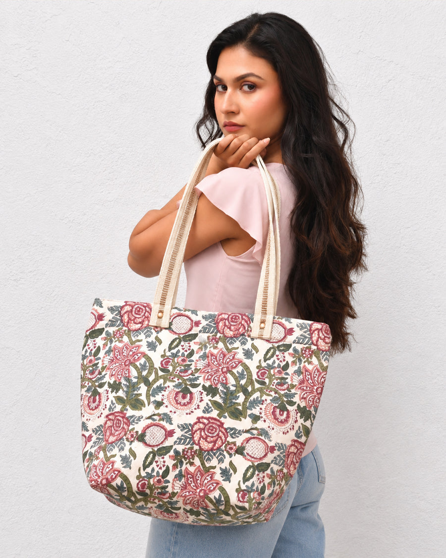 White Floral Hand Block Print Handbag | Shoulder Bag For Women | Travel & Office Bag