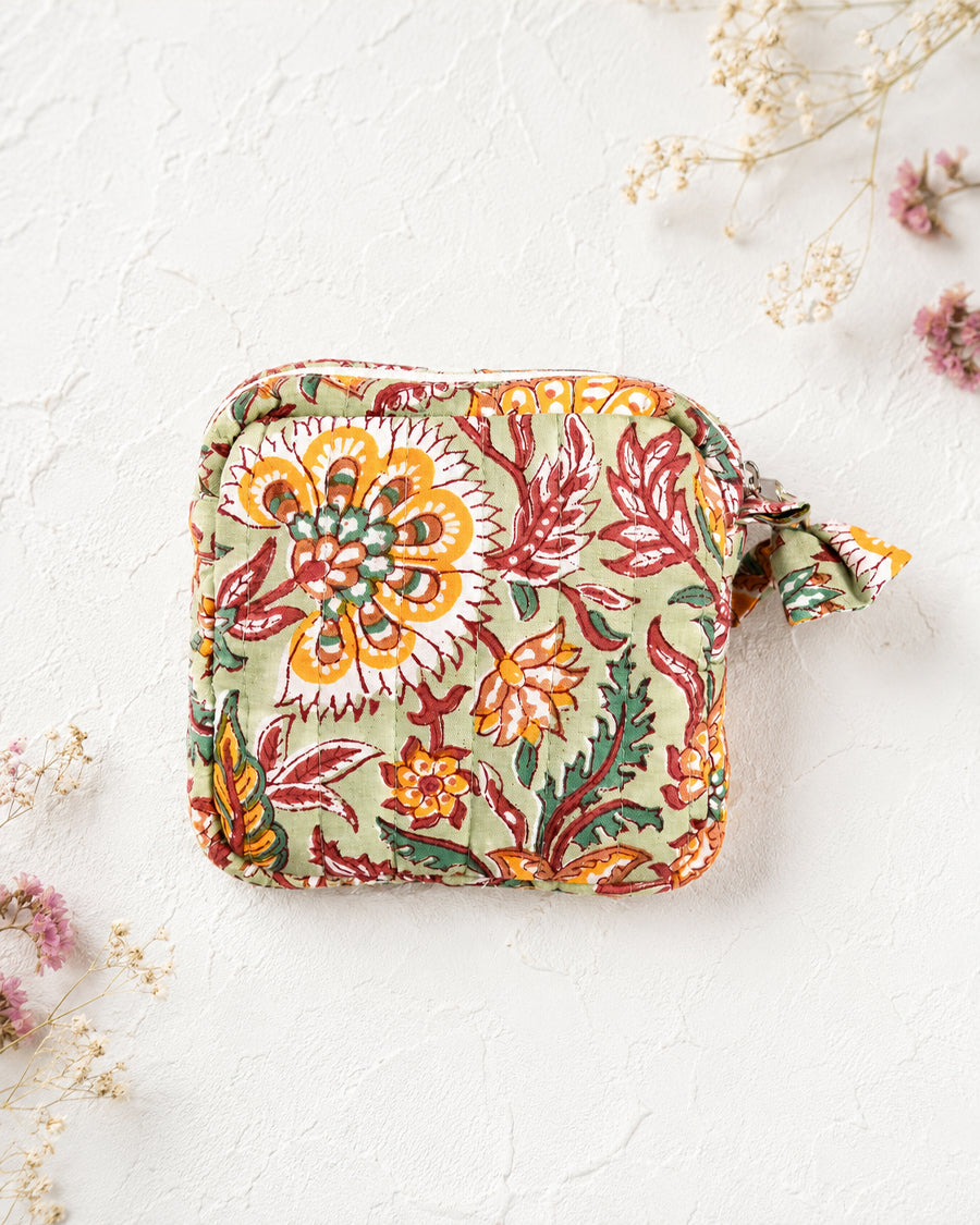 Green Hand Block Printed Cotton Pouch | Coin Purse & Travel Organizer | Quilted Cotton Coin Purse