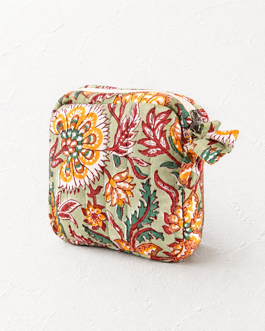 Green Hand Block Printed Cotton Pouch | Coin Purse & Travel Organizer | Quilted Cotton Coin Purse