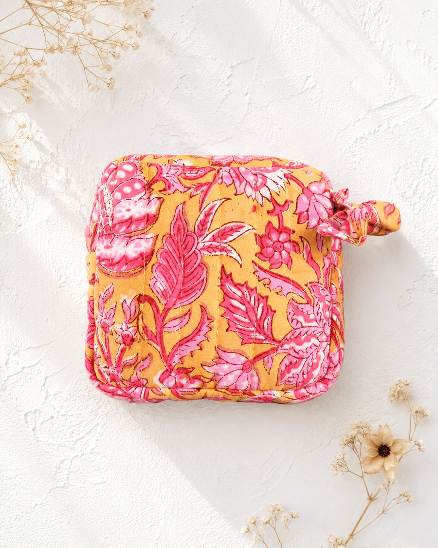 Yellow Pink Quilted Pouch | Handmade Cotton Zip Pouch | Small Jewelry Organizer | Travel Pouch