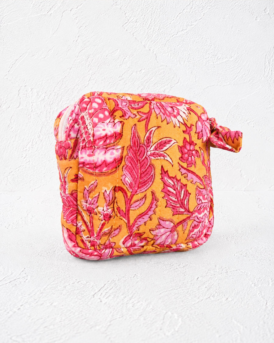 Yellow Pink Quilted Pouch | Handmade Cotton Zip Pouch | Small Jewelry Organizer | Travel Pouch