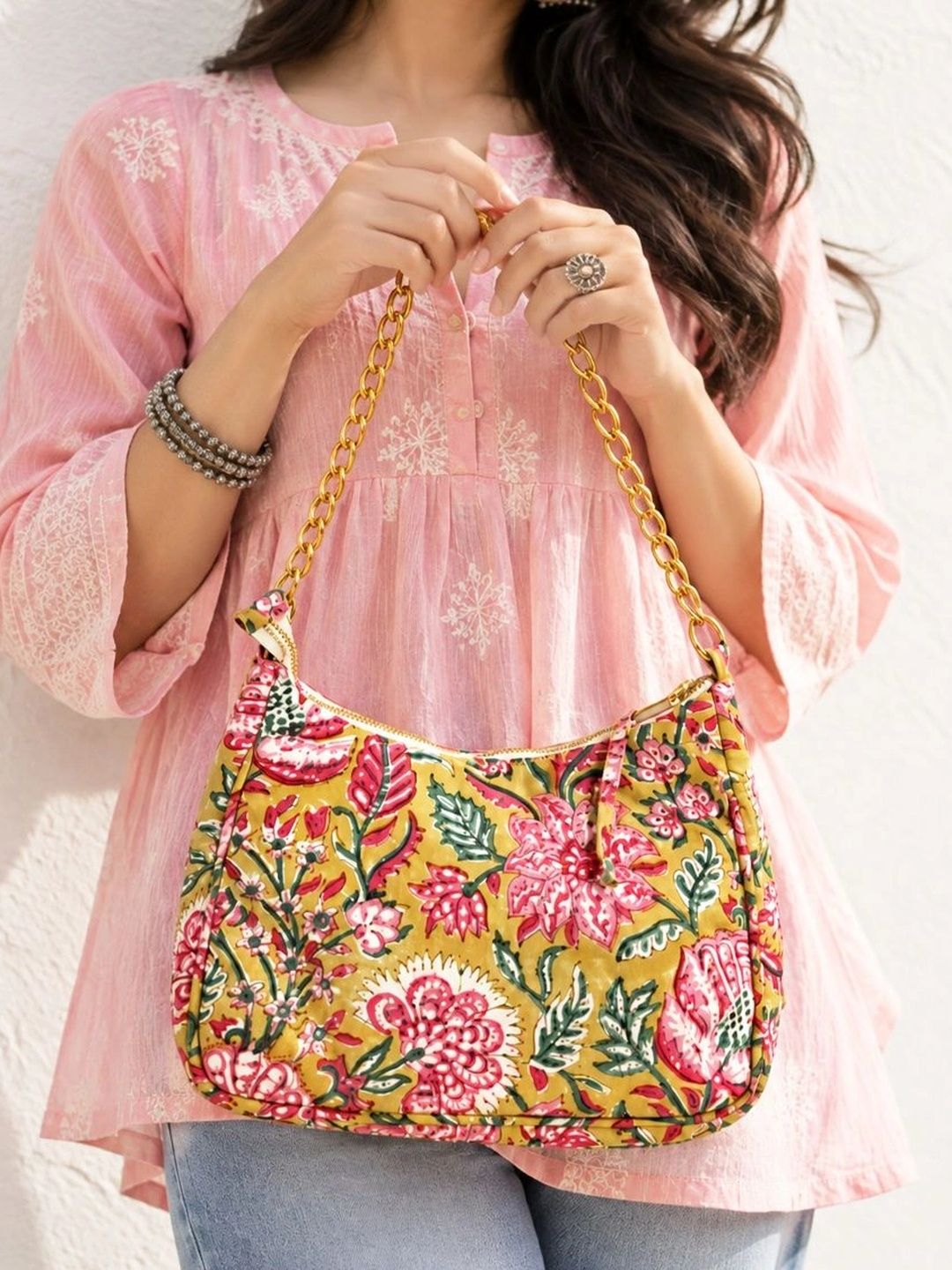 Floral Quilted Half Moon Bag – Multi block print shoulder bag