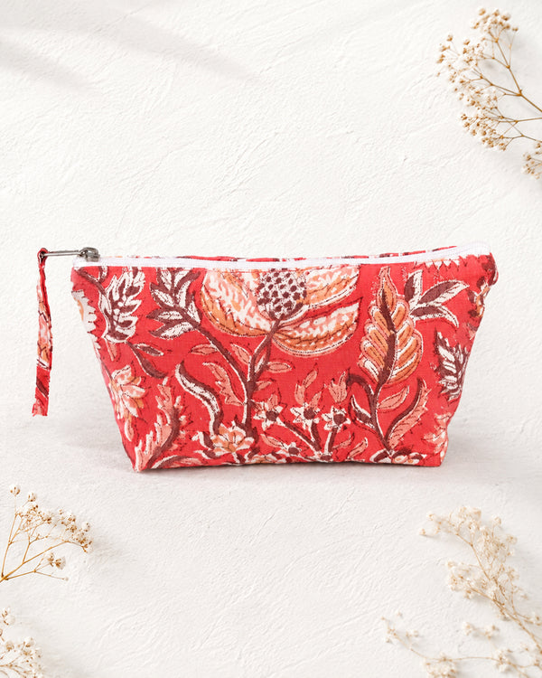 Red Floral Block Print Zipper Pouch