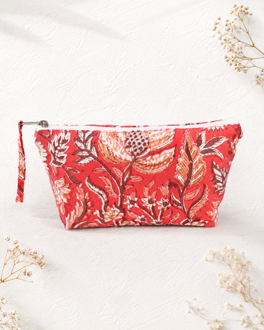 Red Floral Hand Block Printed Zipper Pouch | Canvas Multipurpose Pouch | Travel Pouch For Women
