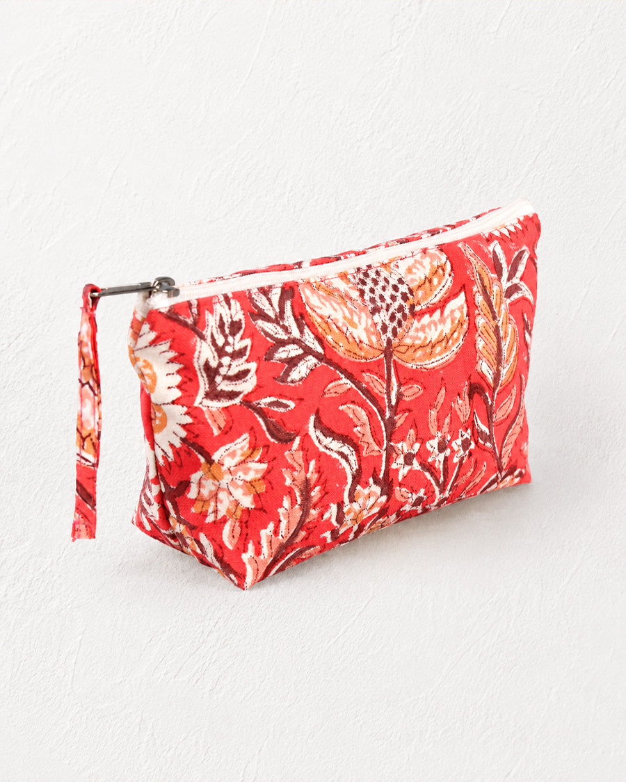 Red Floral Hand Block Printed Zipper Pouch | Canvas Multipurpose Pouch | Travel Pouch For Women