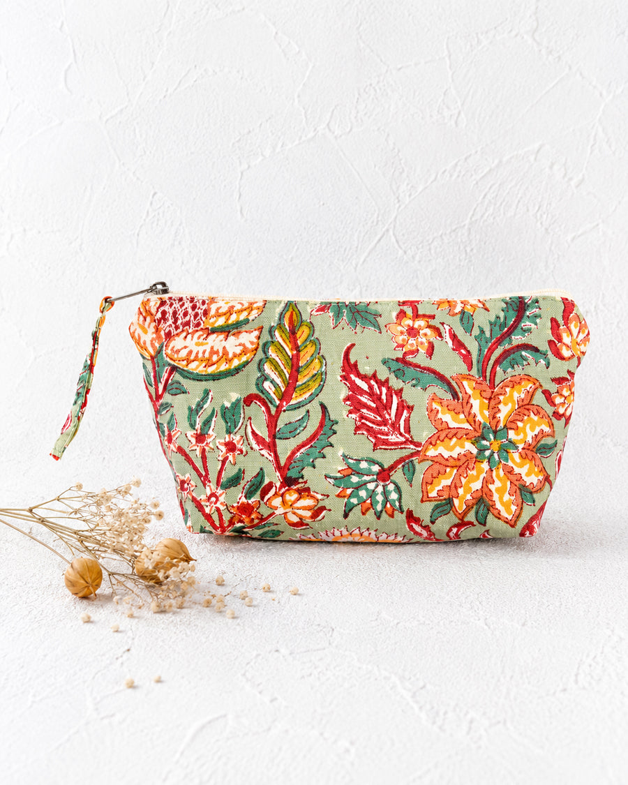 Green Floral Hand Block Printed Zipper Pouch | Canvas Multipurpose Travel Pouch | Makeup, Toiletry Organizer