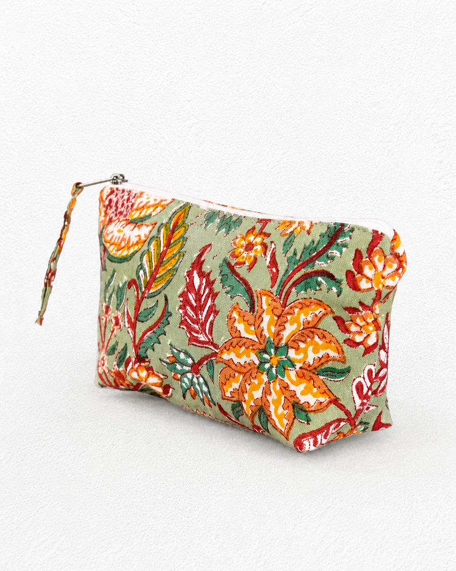 Green Floral Hand Block Printed Zipper Pouch | Canvas Multipurpose Travel Pouch | Makeup, Toiletry Organizer
