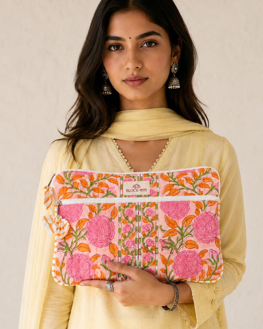 Pink Floral Hand Block Printed Laptop/ iPad Sleeve | Quilted Laptop/ iPad Case | 11-16 inch