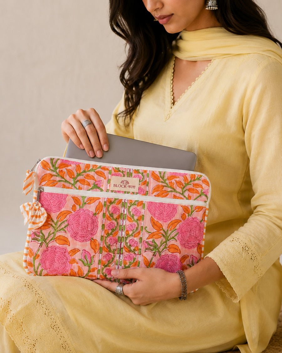 Pink Floral Hand Block Printed Laptop/ iPad Sleeve | Quilted Laptop/ iPad Case | 11-16 inch