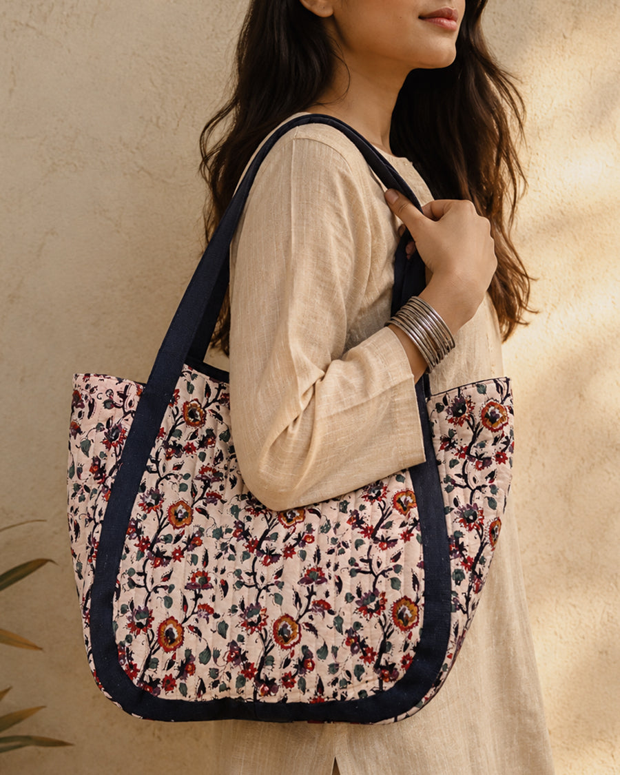 Bagru Floral Print Quilted Tote Bag | Big Everyday Shoulder Bag | Cotton Handbag For Women