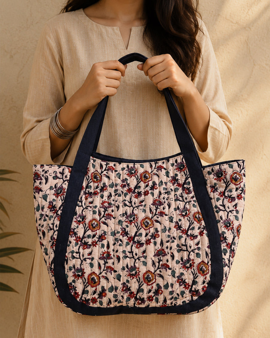 Bagru Floral Print Quilted Tote Bag | Big Everyday Shoulder Bag | Cotton Handbag For Women