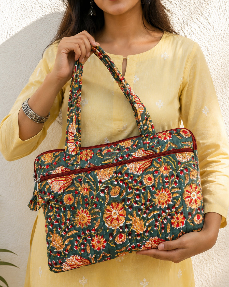Green Floral Block Printed Laptop Bag | Women's Quilted Laptop Bag | Cotton Office Bag