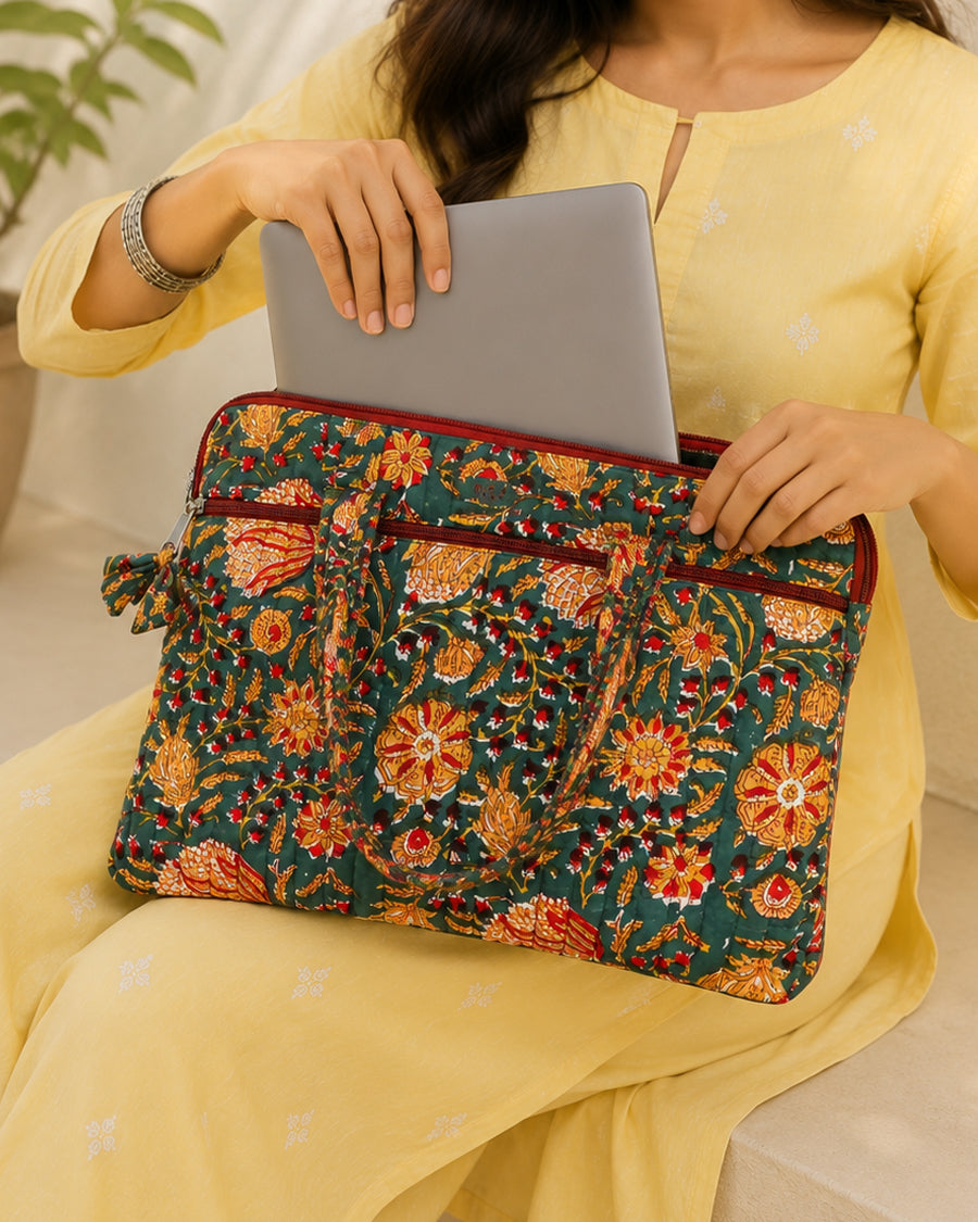 Green Floral Block Printed Laptop Bag | Women's Quilted Laptop Bag | Cotton Office Bag