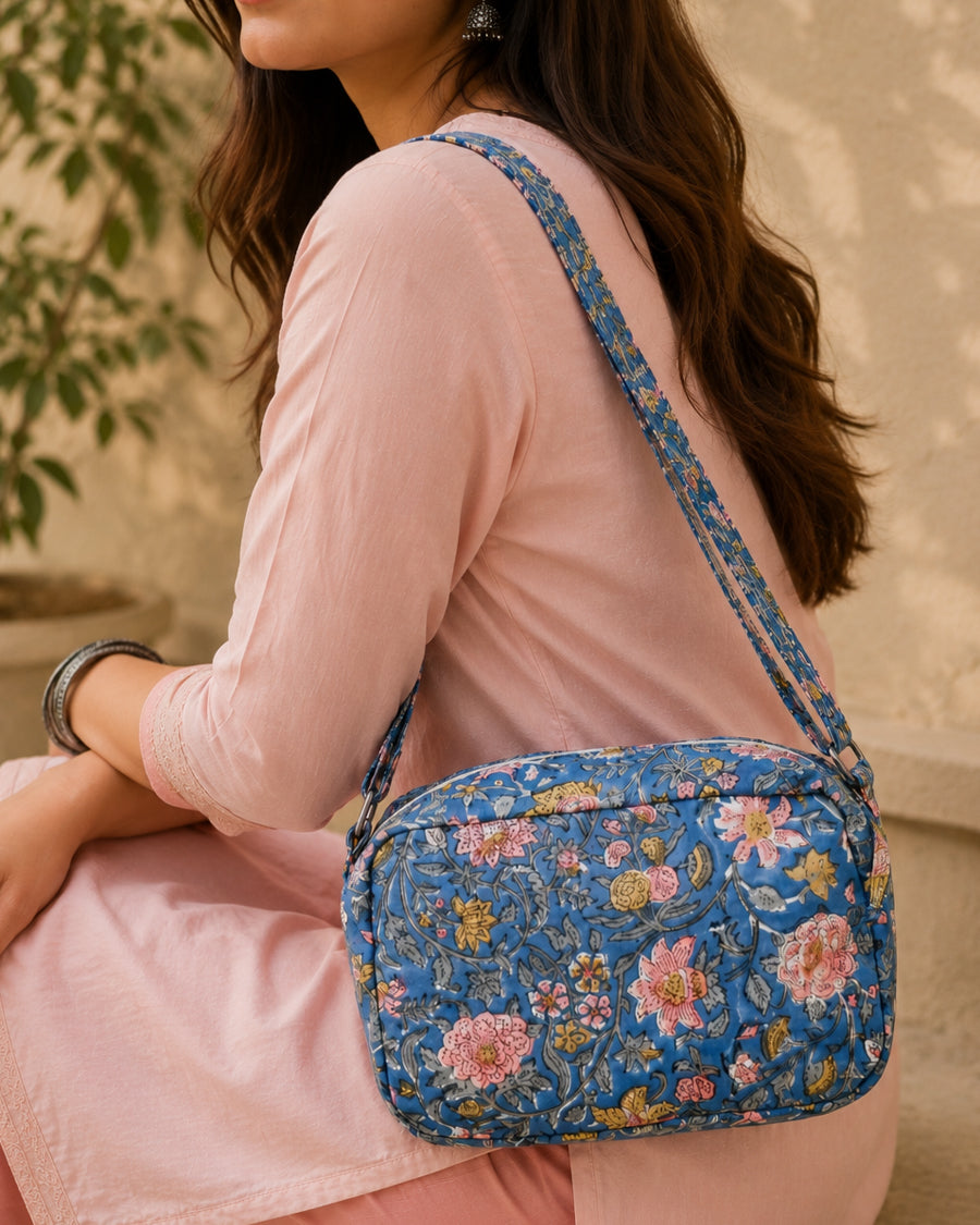 Pretty in Blue Sling Bag | Block Printed Sling Bag | Canvas Crossbody Sling Bag