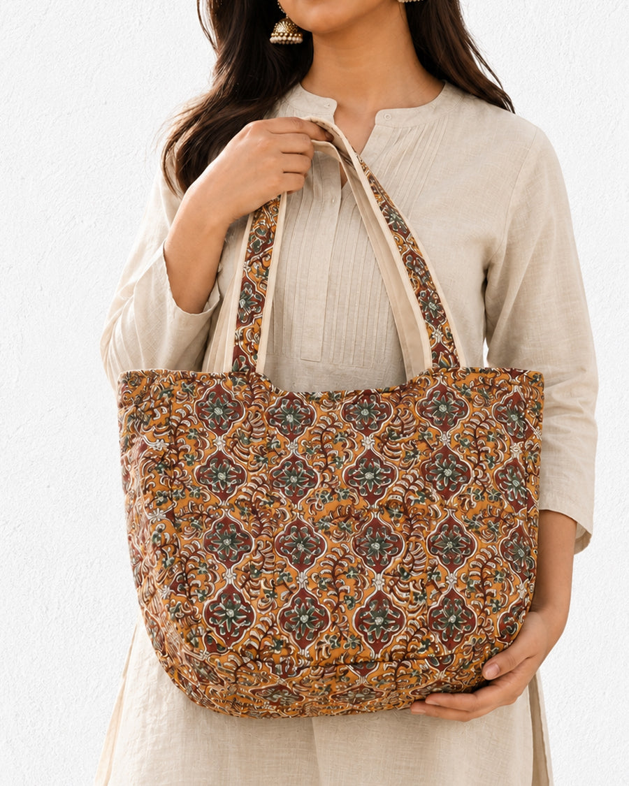 Brown Jaal Hand Block Print Handbag | Quilted Cotton Shoulder Tote | Work, Shopping & Travel Bag