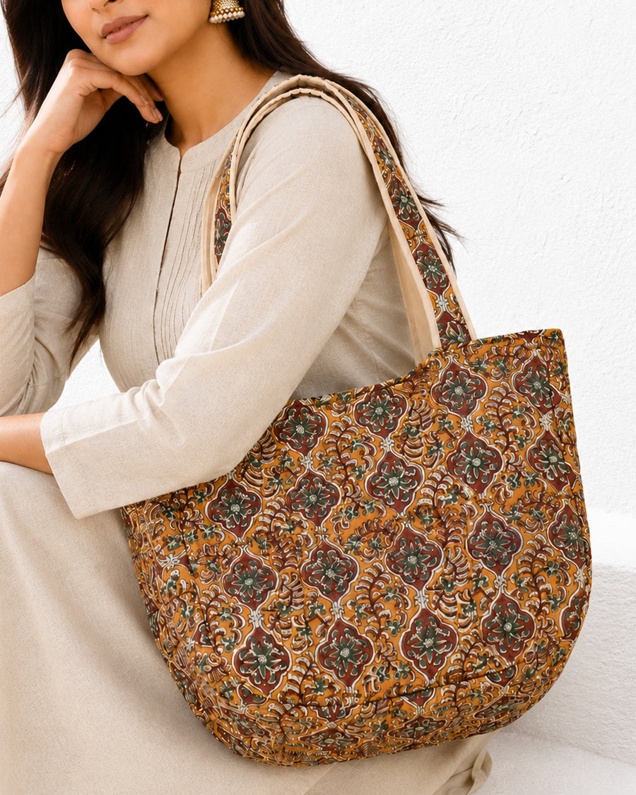 Brown Jaal Hand Block Print Handbag | Quilted Cotton Shoulder Tote | Work, Shopping & Travel Bag