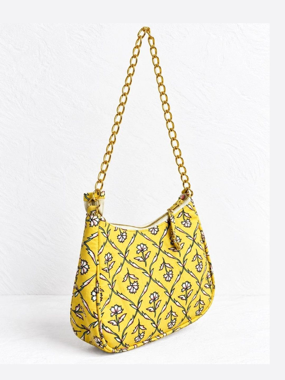 Floral Quilted Half Moon Bag – Yellow block print shoulder bag