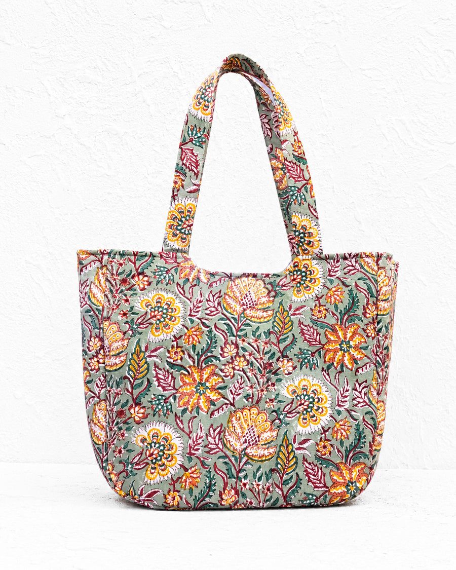 Green Floral Block Print Handbag | Canvas Handbag | Cotton Shopping & Office Bag