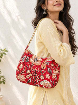Floral Quilted Half Moon Bag – Red block print shoulder bag