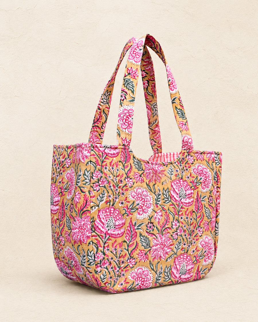 Yellow Floral Block Print Handbag | Canvas Shoulder Bag| Lightweight Everyday Bag