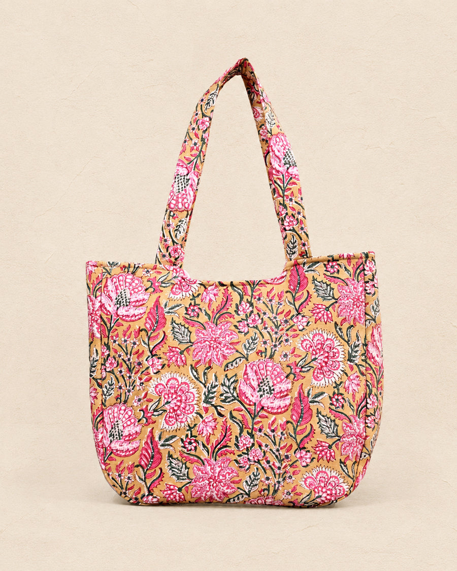 Yellow Floral Block Print Handbag | Canvas Shoulder Bag| Lightweight Everyday Bag