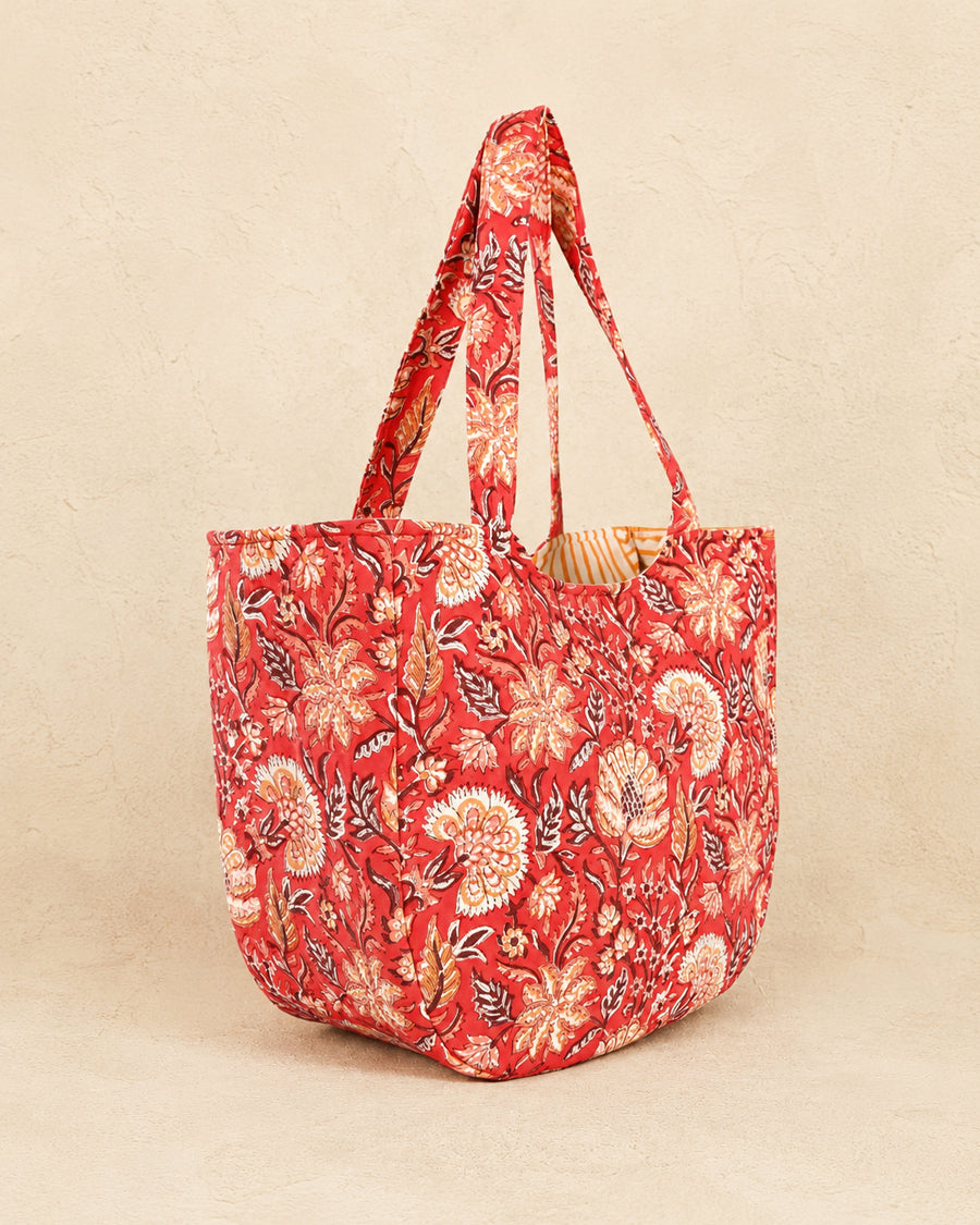 Red Floral Block Print Bag | Canvas Handbag | Large Everyday Carry Bag