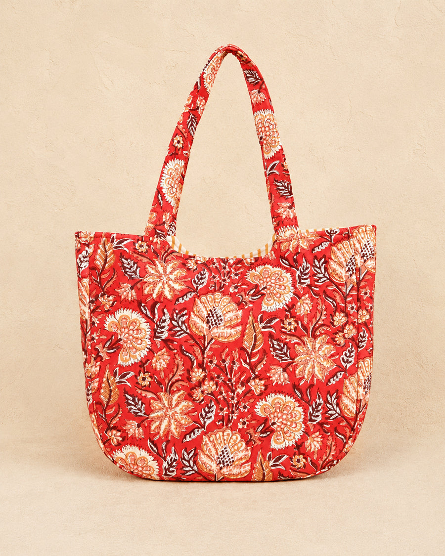 Red Floral Block Print Bag | Canvas Handbag | Large Everyday Carry Bag